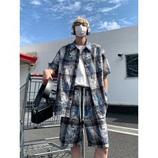 夏季扎染格子套装上衣DC2240特P25控49-裤子DK8627特P21控48，男装休闲套装，电商A007
