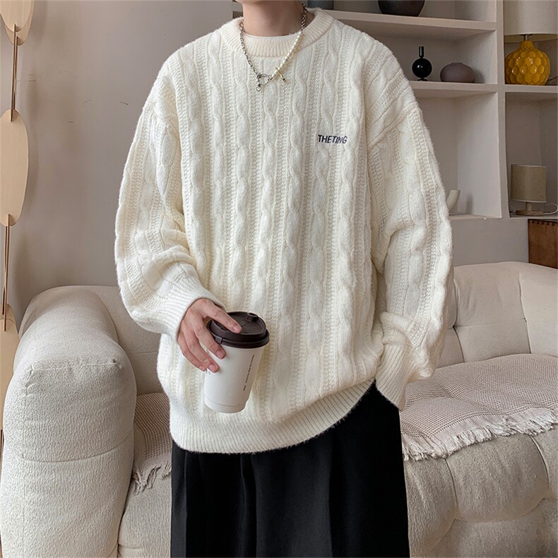 粗线麻花刺绣宽松磨毛慵懒风套头圆领毛衣男MY6363-P60-控88,男装针织衫/毛衣,电商B219A