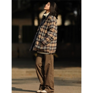美式复古格纹双面穿立领棉服外套男女冬季加厚宽松情侣面包服棉衣图片