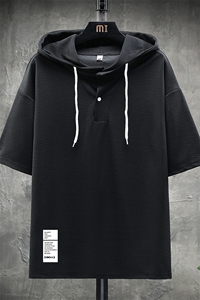 LD54045-P45 连帽短袖t恤男大码胖子带帽五分袖中袖 展架图片
