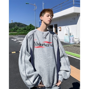 秋季美式小众情侣上衣oversize宽松复古印花撞色圆领卫衣男女潮图片