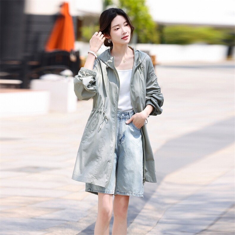 有防晒报告】防紫外线连帽防晒衣女中长款夏款轻薄透气抽绳防晒服,女装防晒衣,鑫源服饰