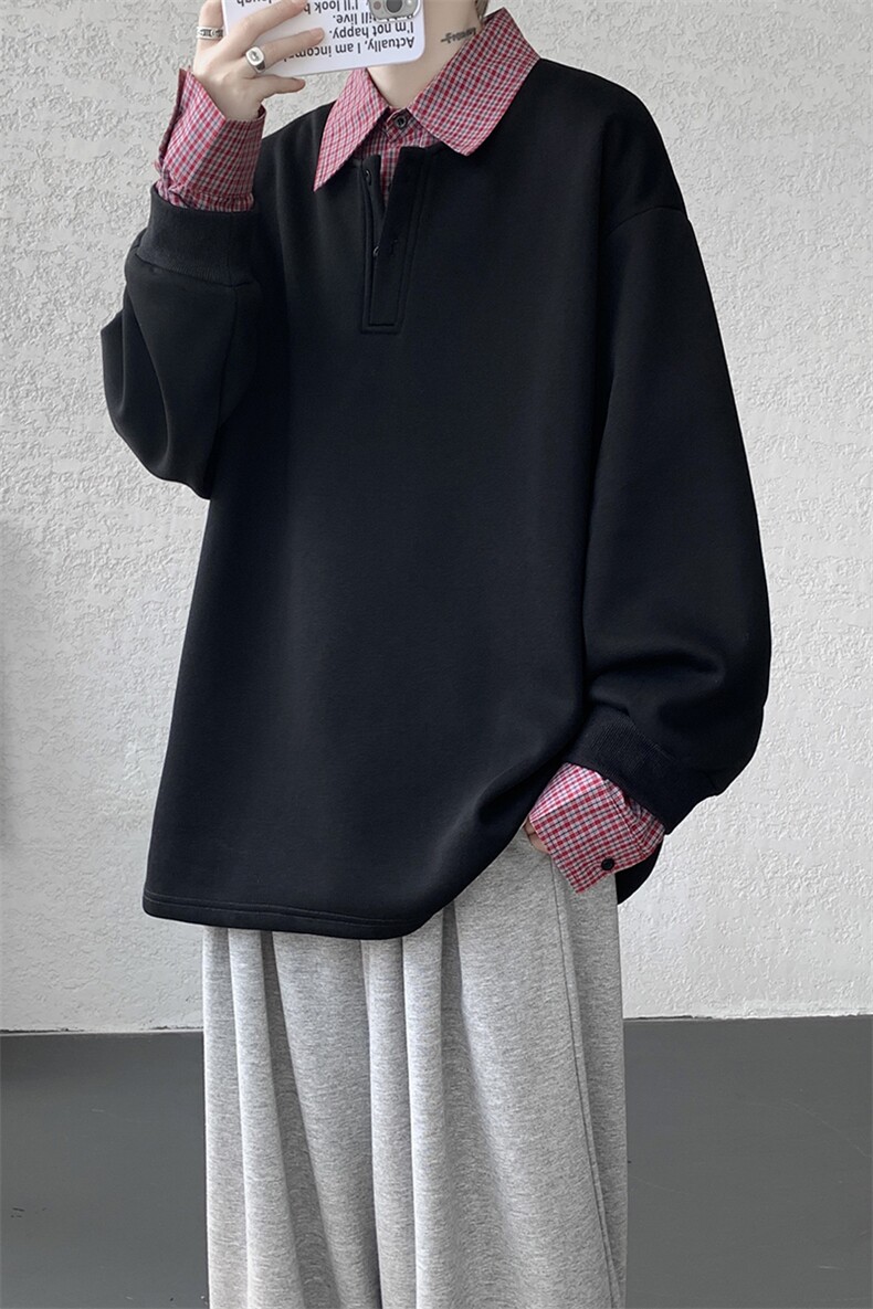M-8XL美式假两件格子拼接翻领卫衣大码polo领长袖T恤衫WY5110/P58,男装T恤,电商B238