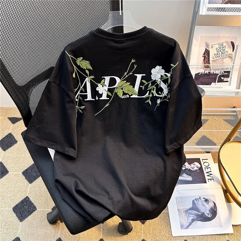 重工街头新中式花卉刺绣廓形短袖T恤男女潮百搭圆领夏装上衣服,男装T恤,星座1013