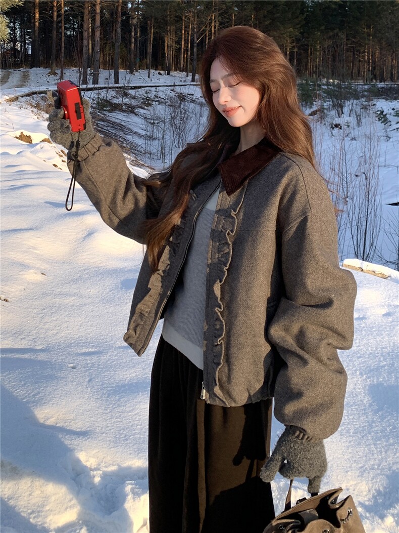 撞色翻领木耳边羊毛呢外套女冬季夹棉保暖呢子夹克女,女装棉衣/棉服,水衣源