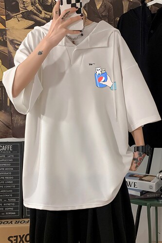 LD54262-P45 NASA连帽短袖t恤男大码胖子带帽五分袖中袖 海报风图片