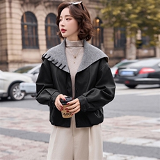 2025冬装新款简约时尚拼接加绒皮衣外套，女装皮衣，魅丽静蓝