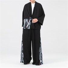 大码汉服改良风开衫阔腿裤套装情侣两件套古风仙气TZ72/P145，男装休闲套装，电商A221A