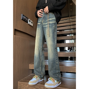 美式ins高街hiphop重工艺水洗微喇复古蓝牛仔裤货号K2320P55控78图片