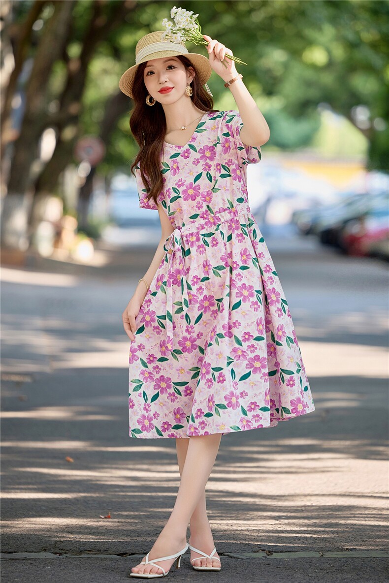温柔风花卉印花纯棉连衣裙女2026夏薄款短袖气质收腰显瘦减龄裙子,女装连衣裙,倪叶myz