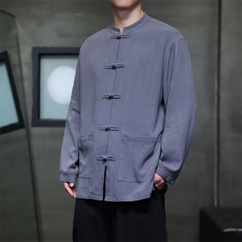 茶服春季现货风式大码纯色亚麻立领长袖衬衫T626-P75控98,男装衬衫,电商A021