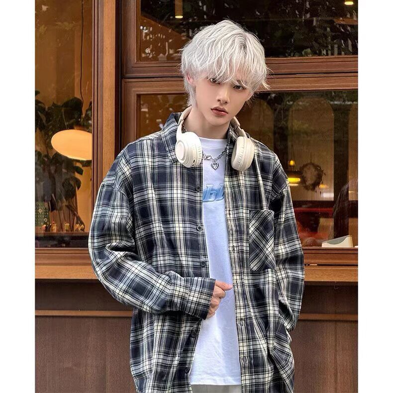 vintage格子衬衫男潮长袖美式复古防晒衬衣夏季cleanfit情侣外套,男装防晒衣,星座601-1