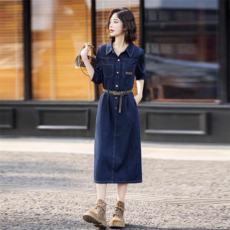 欧货时尚牛仔连衣裙女2024春秋新款高端独特炸街洋气减龄衬衫长裙,女装连衣裙,E百度