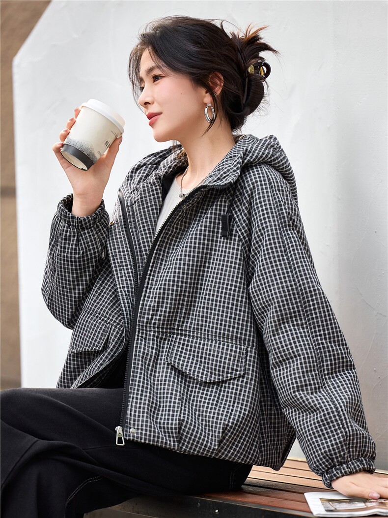 2025年冬季宽松连帽格子加厚棉衣服棉短款外套,女装棉衣/棉服,简韵佳