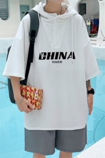 LD54001-P45连帽短袖t恤男大码胖子带帽五分袖中袖，男装T恤，电商A040