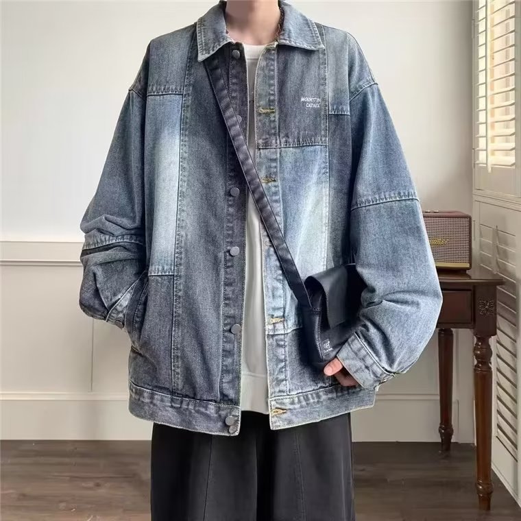 春秋新款日系复古撞色拼接牛仔外套男潮牌宽松翻领水洗休闲夹克潮图片