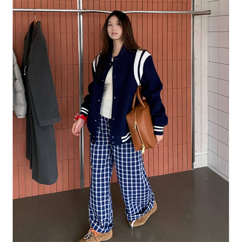 美式高街潮牌男女泡泡格子休闲裤直筒宽松慵懒显瘦阔腿休闲长裤子,男装休闲裤,电商A486