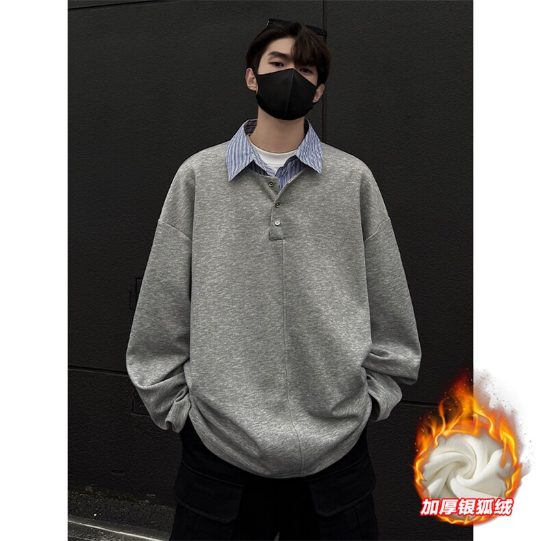 假两件衬衫领舒适加绒银狐绒宽松长袖卫衣男W2343J加绒-特P40控78，男装衬衫，电商A001-1