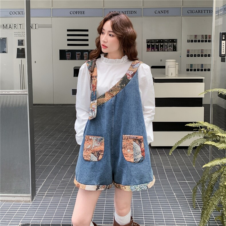 小清新牛仔提花拼拼背带裤两件套2C081-0268P165K258,女装套装/套裙,2C081