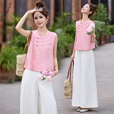 现货209-3277-P155-K218新款新中式夏季盘扣阔腿裤两件套，女装套装/套裙，韩蜜菓