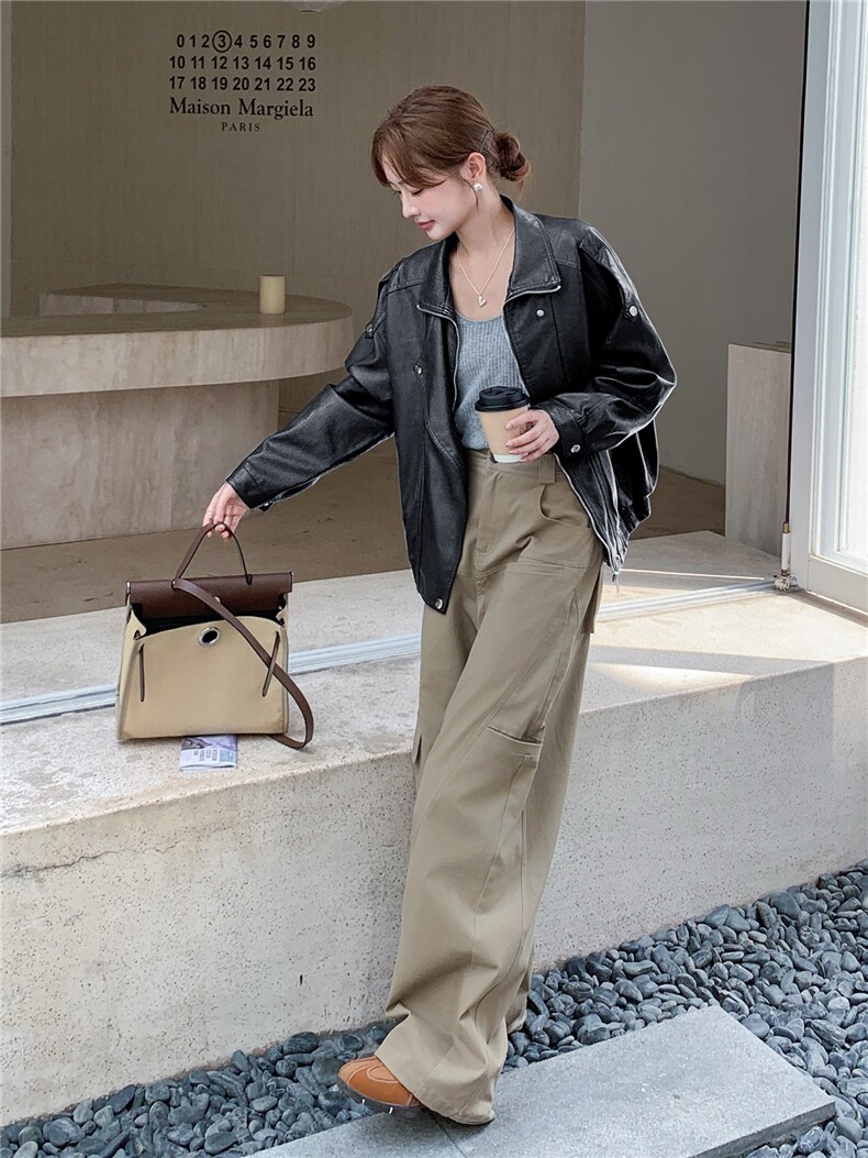 短款夹克新潮棕色长袖2025秋上衣机车服Pu皮外套女高级感显瘦外套,女装短外套,意芙