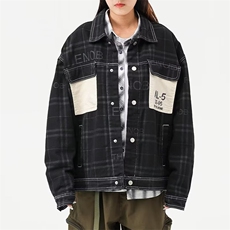牛仔夹克工装口袋中性字母印花条纹贴布外套大码M-4XLJK8037P65，男装夹克，星座1013-1