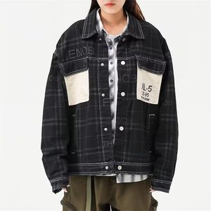 牛仔夹克工装口袋中性字母印花条纹贴布外套大码M-4XL JK8037 P65图片