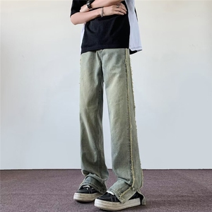 毛边拼接牛仔裤男夏季美式高街潮牌痞帅开叉微喇裤子 2019-P45图片