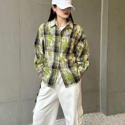 网络图现货美式潮流印花格子衬衫仿扎染情侣外搭衬衣JXX24-P40,男装衬衫,星座715-7