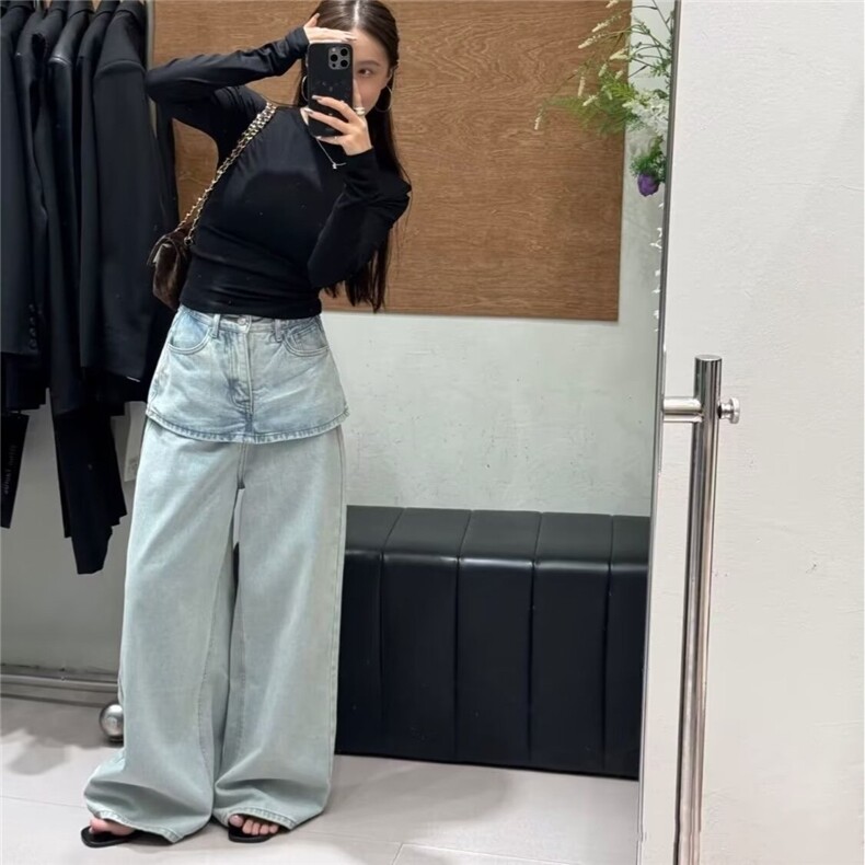 韩版复古假两件拼接设计阔腿牛仔裤女春秋季新款高腰宽松直筒裤,男装牛仔裤,星座506A