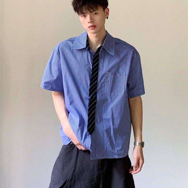 黄金搭配领带老钱风短袖衬衫男女夏季休闲宽松千鸟格衬衣图片