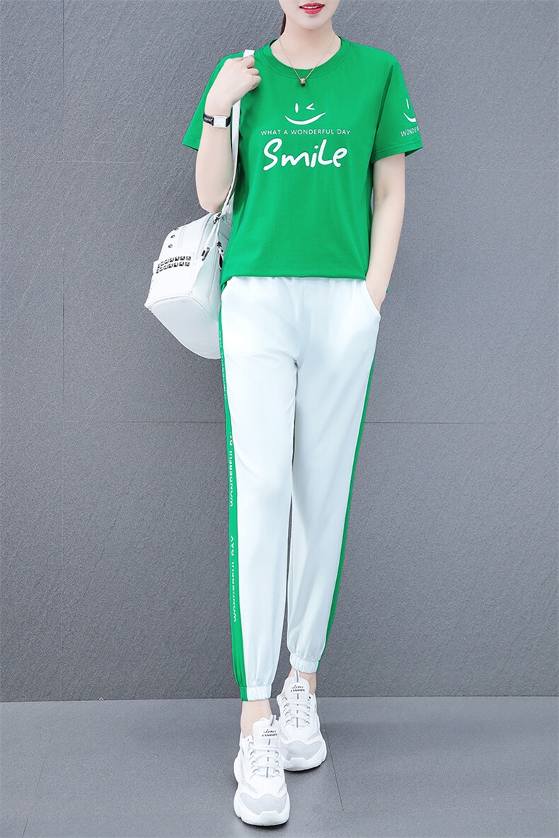 燕颉短袖时尚套装女式夏季2023年纯棉休闲晨跑运动服宽松两件套,女装运动套装,燕颉服饰