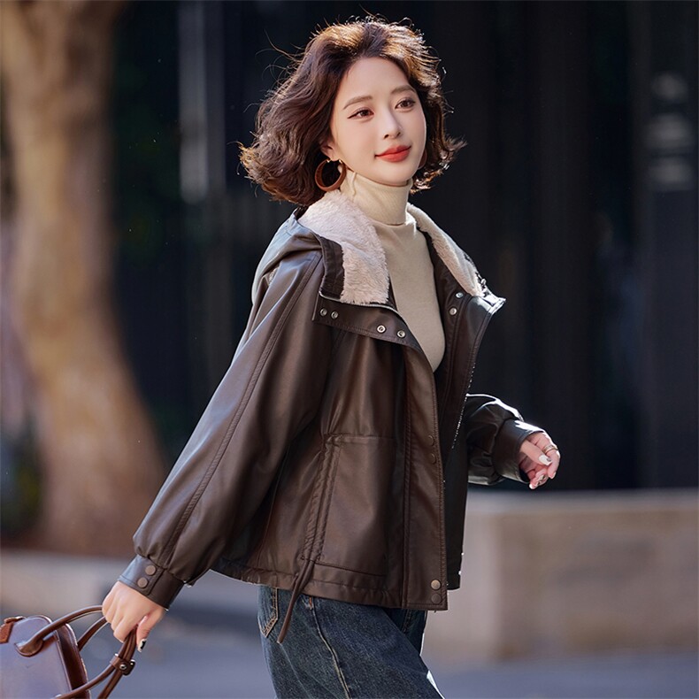 皮衣外套女冬季加绒加厚2025新款小个子高级感女士pu皮棉服夹克,女装皮衣,简古