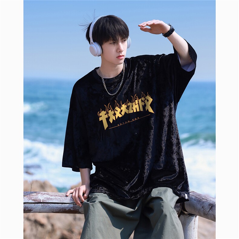 2025夏季新款创意字母印花丝绒宽松大码男士圆领短袖T952/P35控48图片