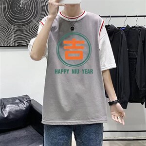 男圆领T恤宽松短袖假两件Q914P28图片