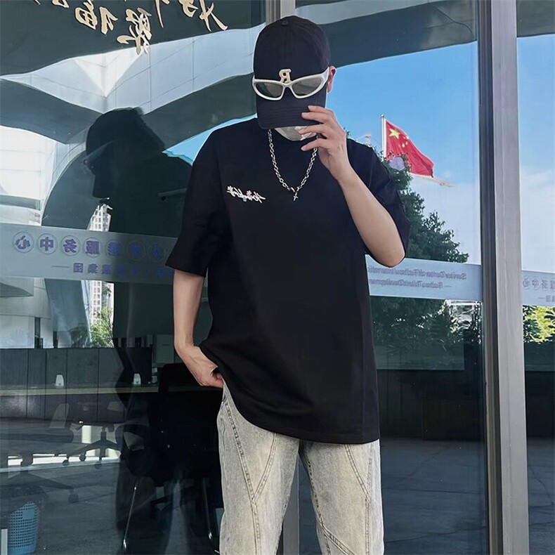 万针全刺绣工艺抖音得物高品质260克重磅纯棉双纱美式高街短袖T恤,男装T恤,电商A486-1