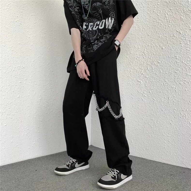 2023年新款男直筒休闲牛仔裤个性链子裤子N9003P45图片