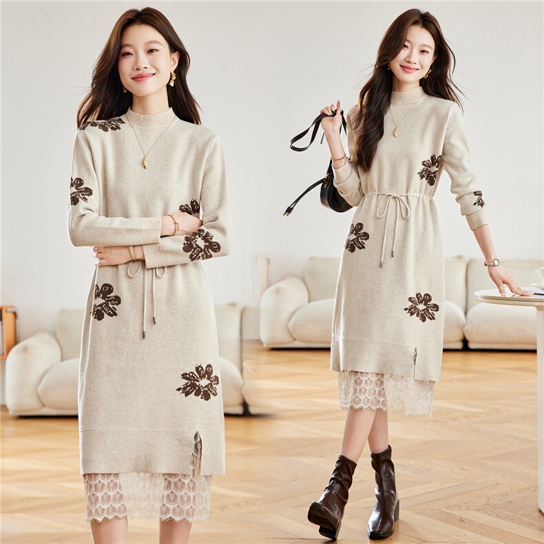 蕾丝针织连衣裙女秋冬2025新款配大衣中长款内搭妈妈毛衣打底裙，女装羊毛衫，艾米