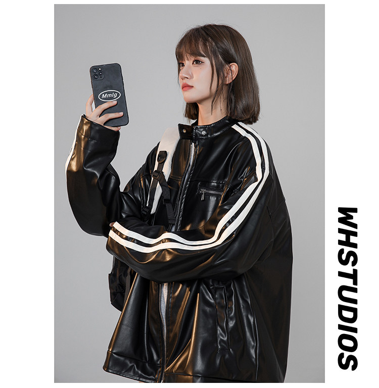 XZ221-1/JK2315/P98控1282025春款撞色条纹PU皮衣机车服夹克外套,男装夹克,星座221-1