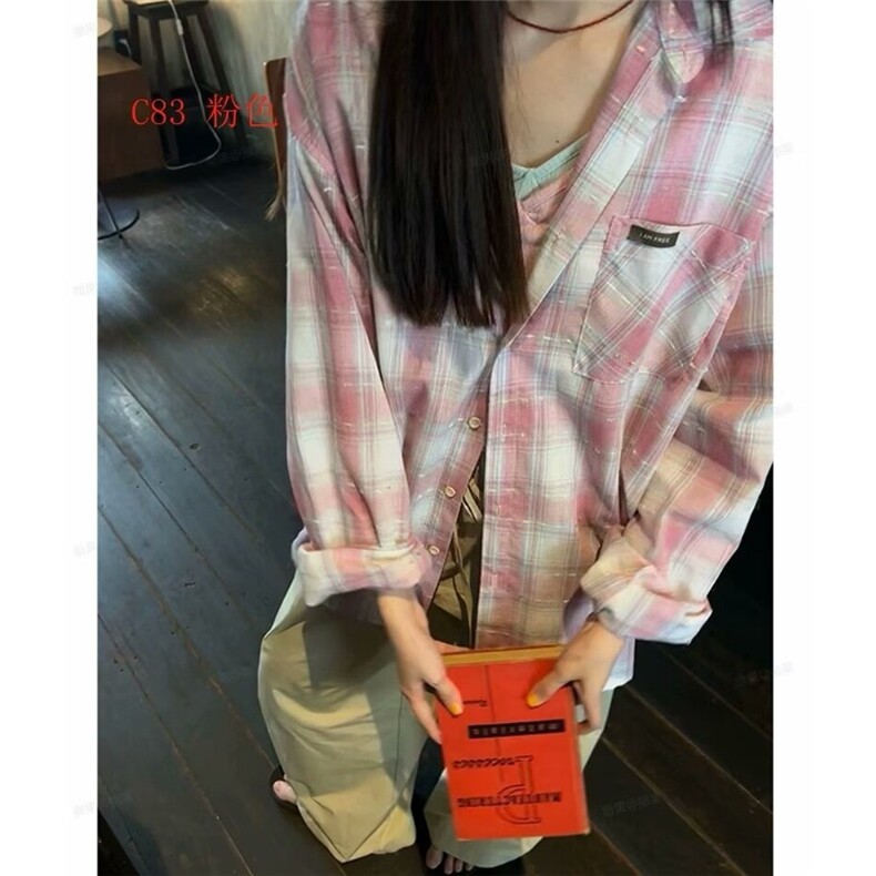 时尚ins新款无品牌文艺防紫外线长袖韩系防晒格纹衬衫女潮流流行图片