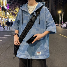 夏款男连帽T恤小鱼鳞条纹方格小贴标织带五分袖外套T235P38，男装T恤，星座1013-1