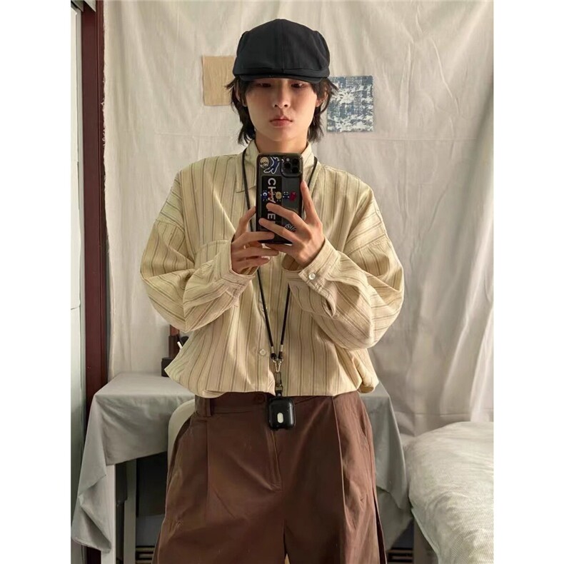 美式复古条纹长袖衬衫男女春秋冬季宽松衬衣外套CSA385-P43,男装衬衫,星座208-5