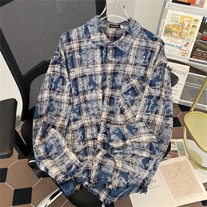 F162-P52 美式复古格子休闲衬衣2024春季新款扎染棉衬衫男士图片