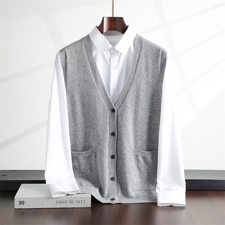 男款秋冬保暖平面V领扣开衫35%男装，男装背心/马甲，飞邦羊绒