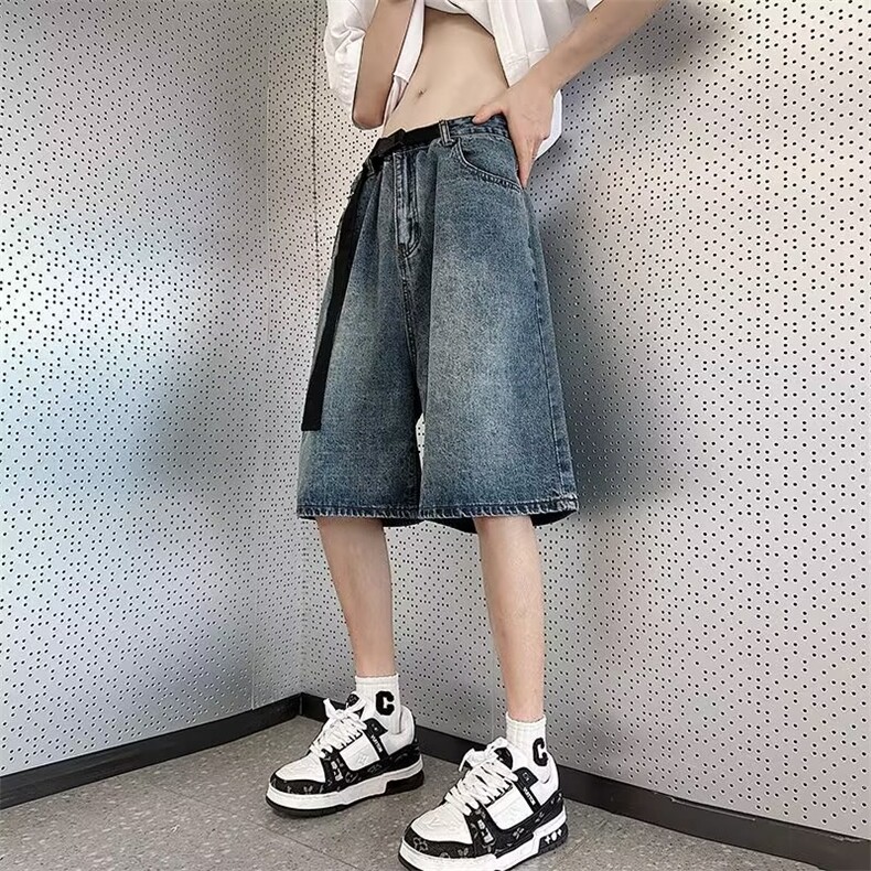 夏季男士牛仔短裤潮牌ins可调节腰带裤子宽松日系港风休闲五分裤,男装牛仔裤,星座410-6（原星座1304-1）