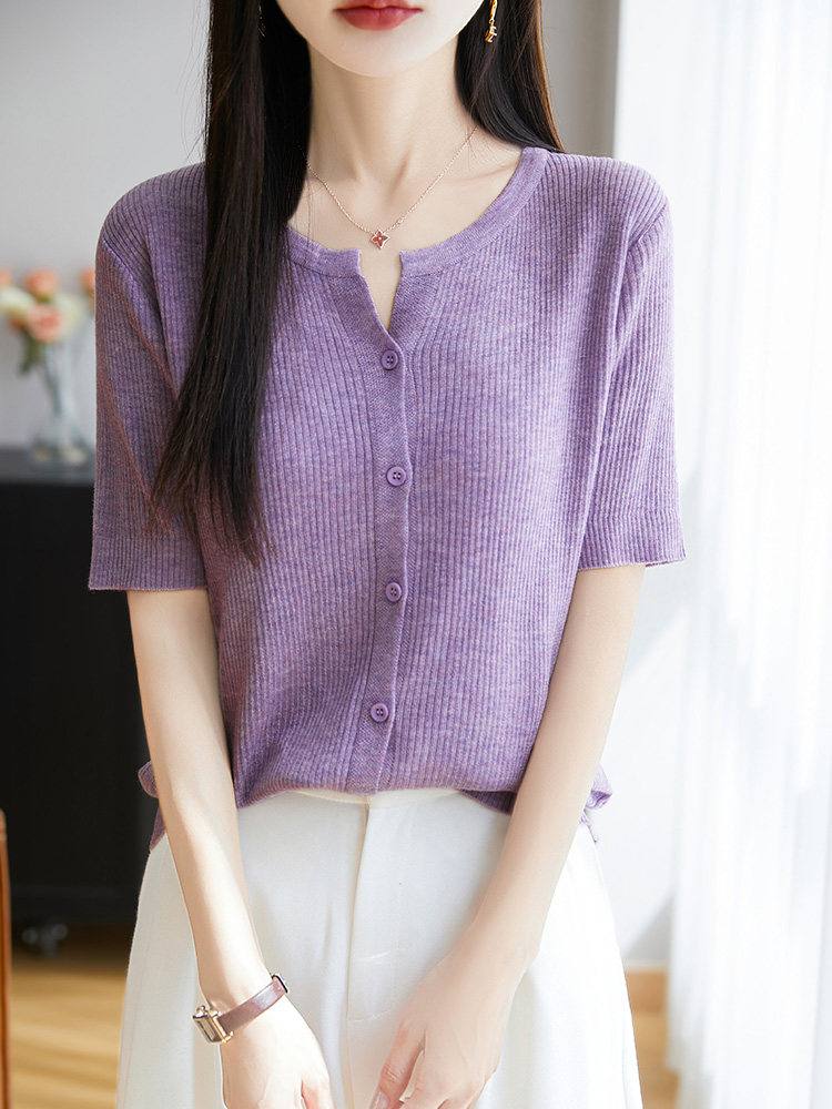 短袖其他常规2025年夏季V领薄款精纺羊毛针织半袖宽松显瘦T恤上衣,女装T恤,暖圣羊羊绒