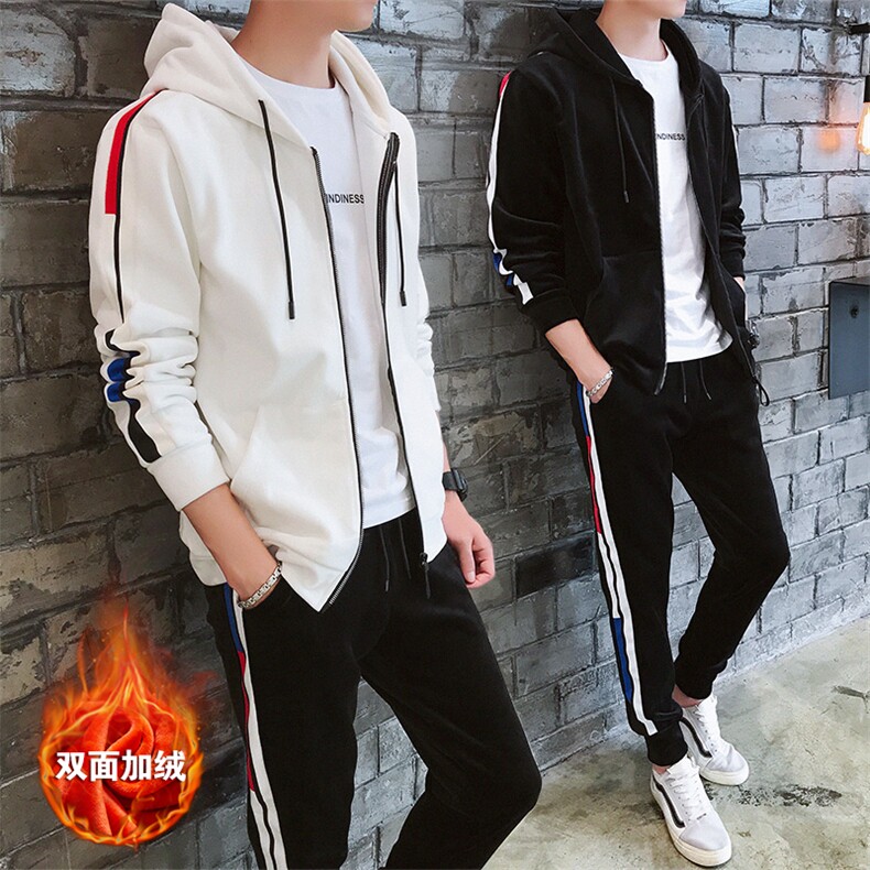 冬季加绒加厚金丝绒两件套运动服套装休闲卫衣套装男装DS297T图片