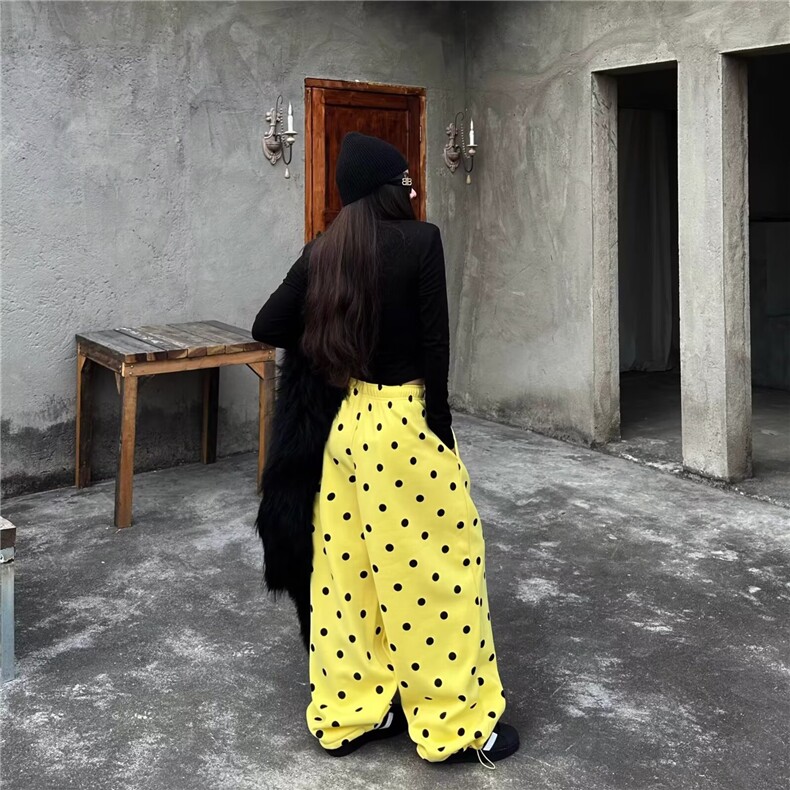 美式黄色波点刺绣加绒卫裤女冬季爵士阔腿裤运动休闲长裤子,男装休闲裤,星座506A