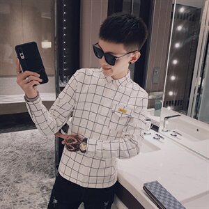 秋季格子弹力长袖衬衫社会精神小伙潮男帅气衬衣C301B-CS10特图片