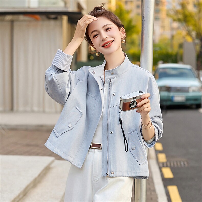 条纹袖口休闲短款蓝色外套女2026春秋新款小个子减龄百搭夹克上衣,女装短外套,美沁